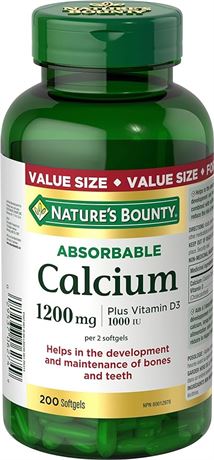 Nature's Bounty Calcium Pills plus Vitamin D3 Supplement, 1200mg, 200 Softgels