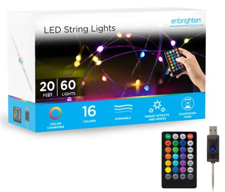 Enbrighten Basics LED Color Changing Fairy String Lights, 60 Lights, 20ft.,