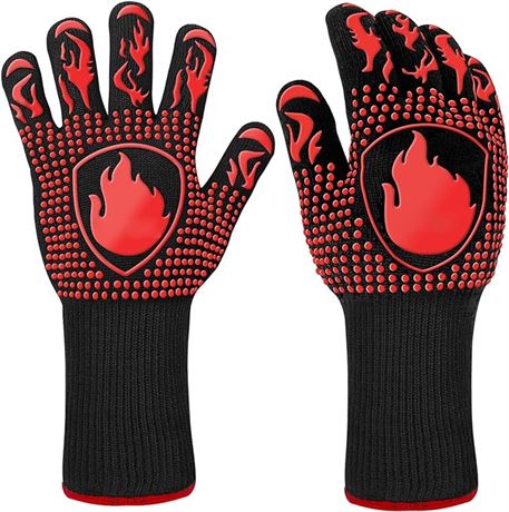BBQ Gloves, Heat Resistant Oven Mitts Grilling Gloves - 1472℉, Red, Size L