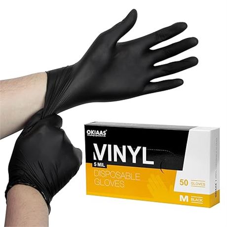 50 Counts, OKIAAS Black Disposable Gloves Medium, Latex Free