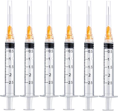 100 Pack - 2.5ml Syringes with Needle 25Ga, Individually Sealed Packaged