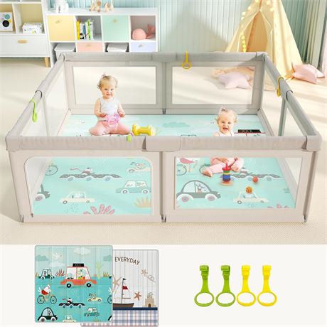 59x59x27 Inch UANLAUO Playpen with Mat, Extra Large  Play Yard for Baby