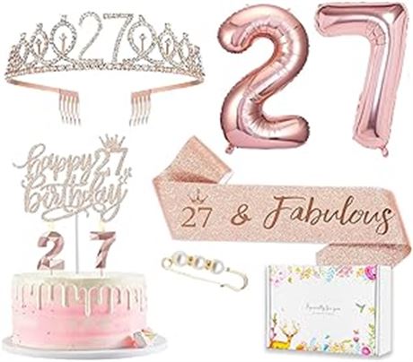 27th Birthday Decorations for Her Women, Including 27 year old Birthday Cake Top